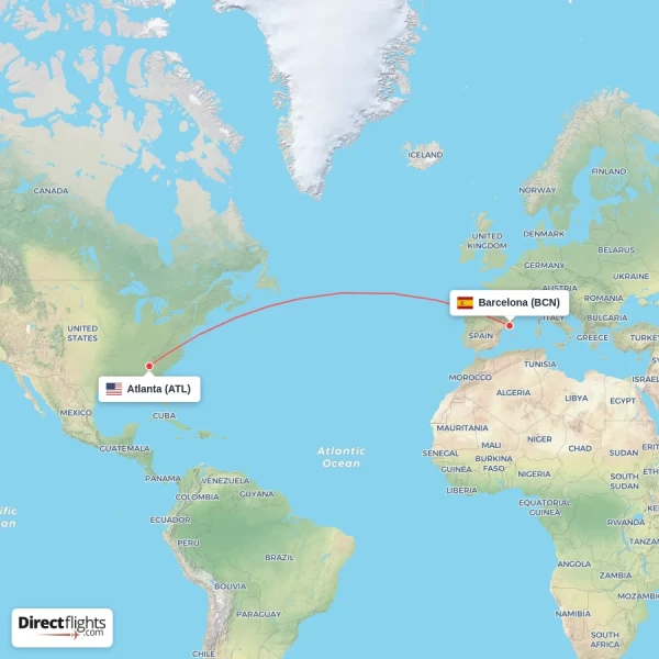 Barcelona - Atlanta direct flight map