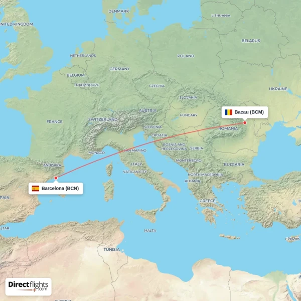 Barcelona - Bacau direct flight map