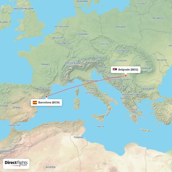 Barcelona - Belgrade direct flight map