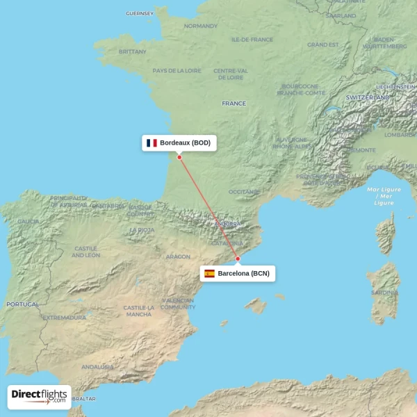 Barcelona - Bordeaux direct flight map