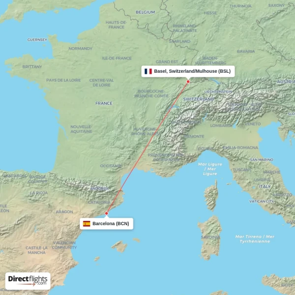 Barcelona - Basel, Switzerland/Mulhouse direct flight map