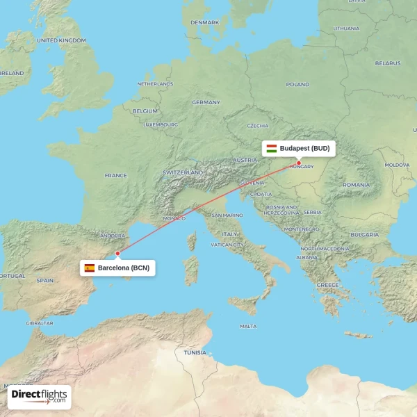 Barcelona - Budapest direct flight map