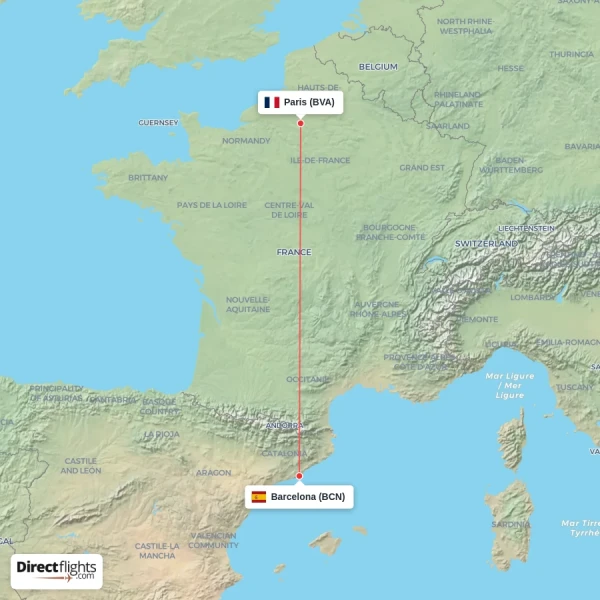 Barcelona - Paris direct flight map