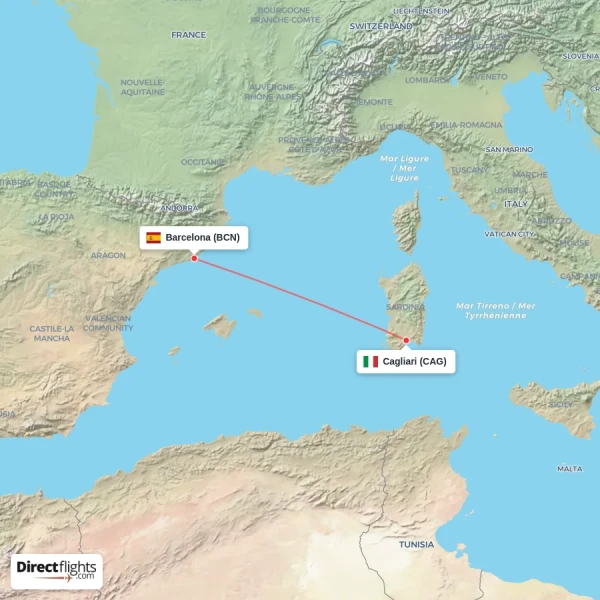 Barcelona - Cagliari direct flight map