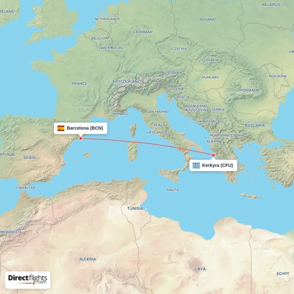 Barcelona - Kerkyra direct flight map