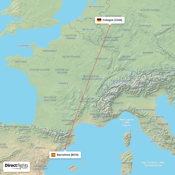 Barcelona - Cologne direct flight map