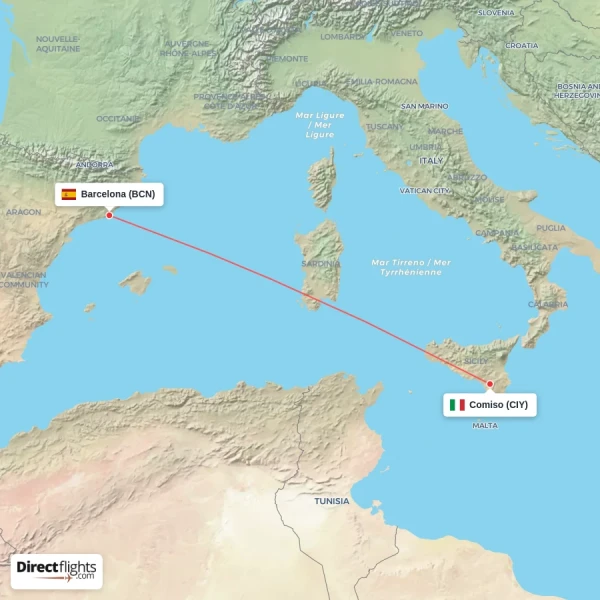 Barcelona - Comiso direct flight map