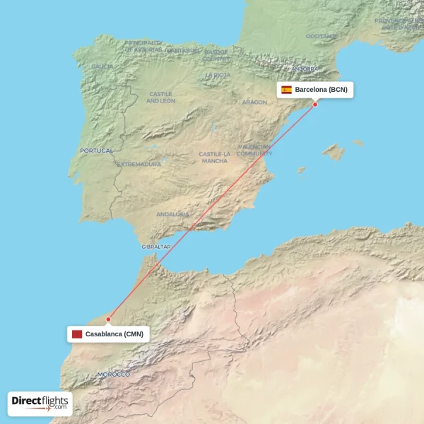 Barcelona - Casablanca direct flight map