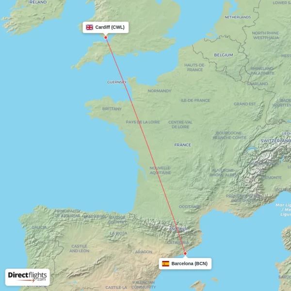 Barcelona - Cardiff direct flight map