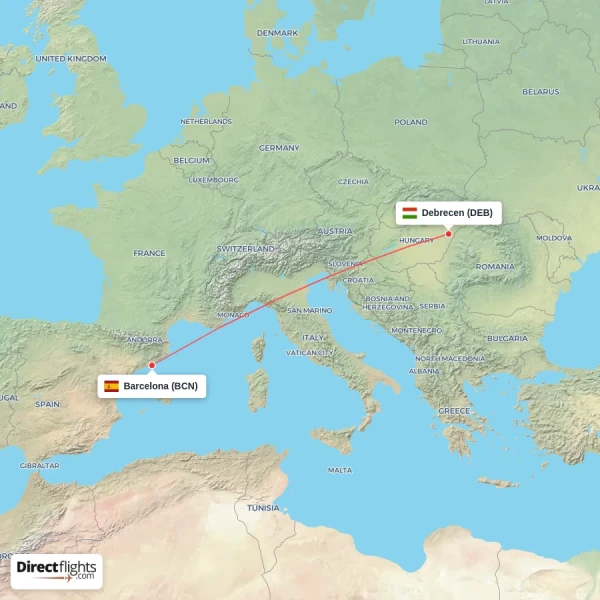 Barcelona - Debrecen direct flight map
