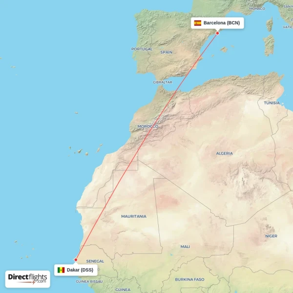Barcelona - Dakar direct flight map