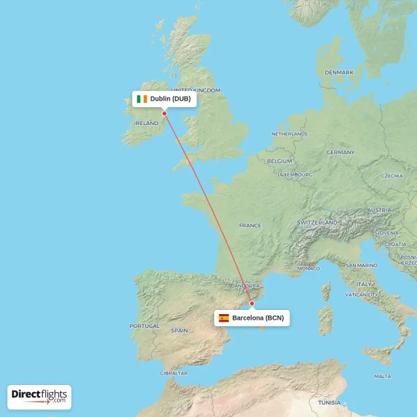 Barcelona - Dublin direct flight map
