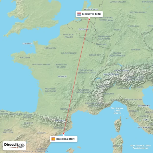 Barcelona - Eindhoven direct flight map