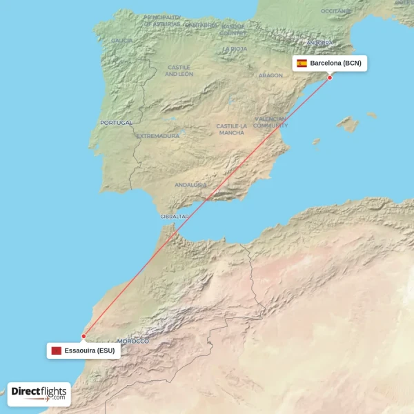Barcelona - Essaouira direct flight map