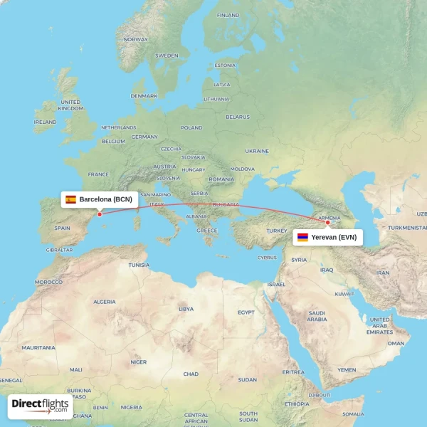 Barcelona - Yerevan direct flight map