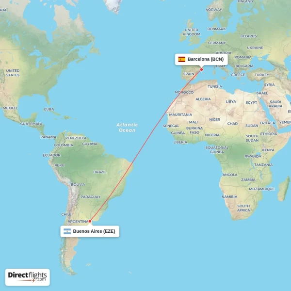 Barcelona - Buenos Aires direct flight map