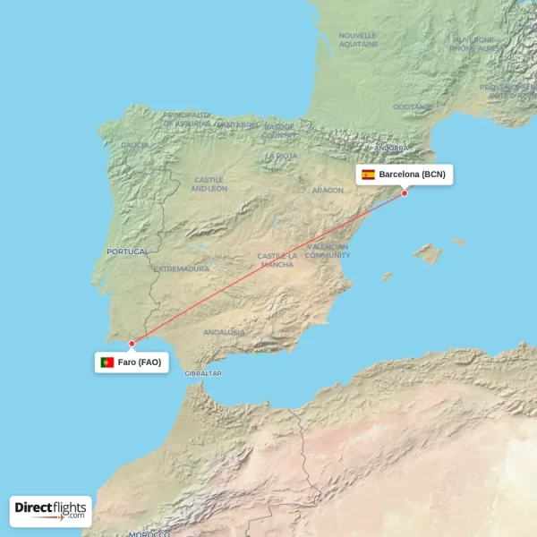Barcelona - Faro direct flight map