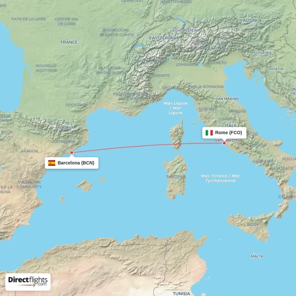 Barcelona - Rome direct flight map