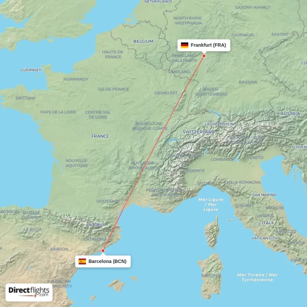 Barcelona - Frankfurt direct flight map