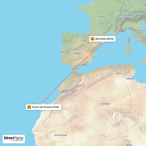 Barcelona - Puerto del Rosario direct flight map