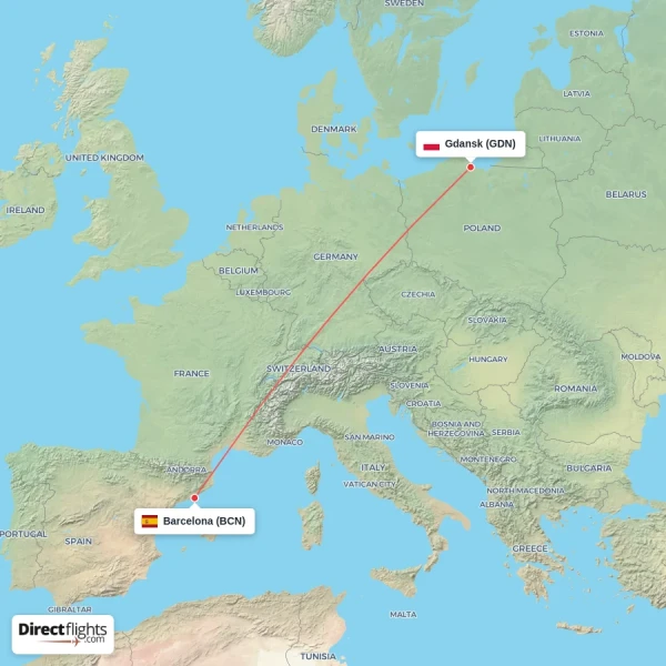 Barcelona - Gdansk direct flight map