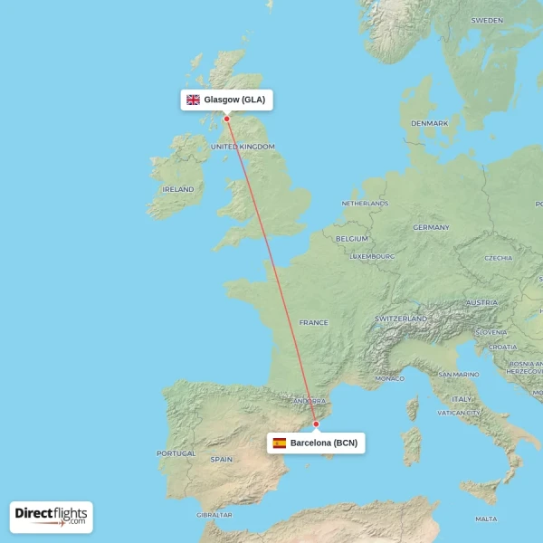 Barcelona - Glasgow direct flight map
