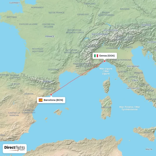 Barcelona - Genoa direct flight map