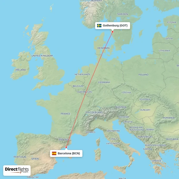 Barcelona - Gothenburg direct flight map