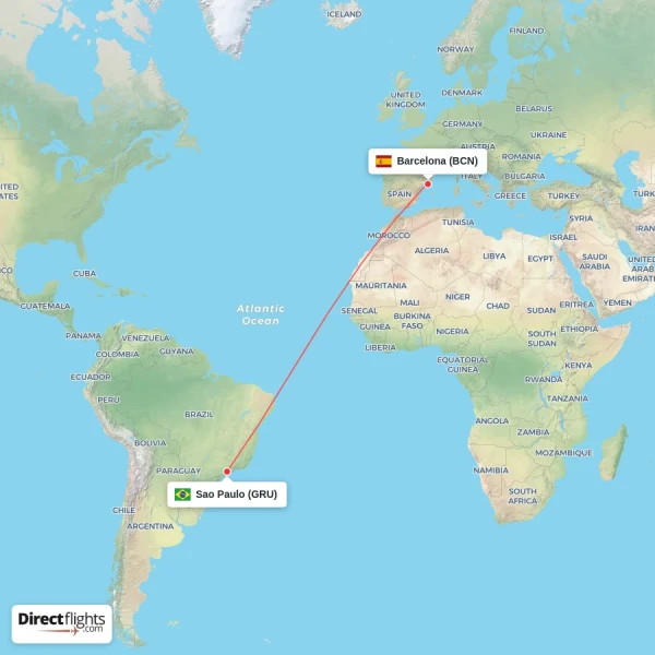 Barcelona - Sao Paulo direct flight map