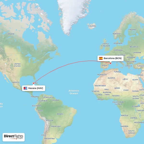 Barcelona - Havana direct flight map
