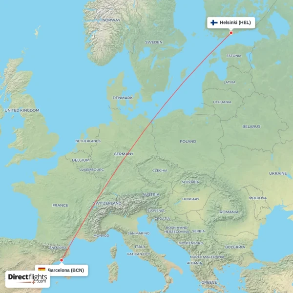 Barcelona - Helsinki direct flight map