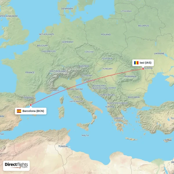 Barcelona - Iasi direct flight map