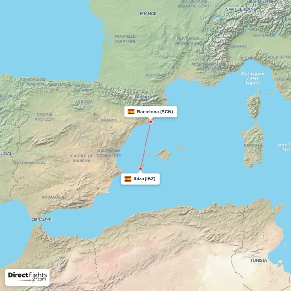 Barcelona - Ibiza direct flight map
