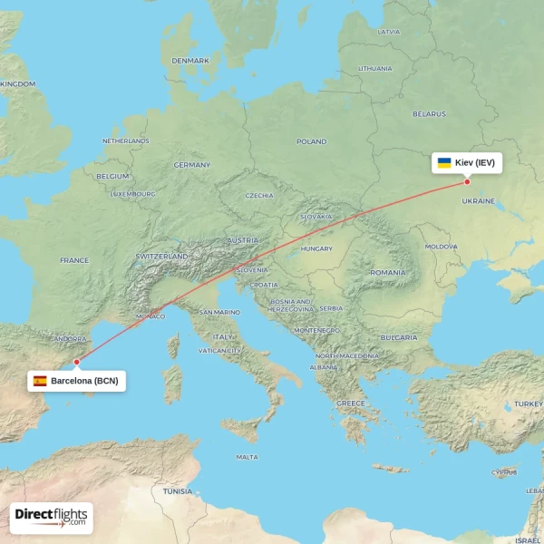 Barcelona - Kiev direct flight map