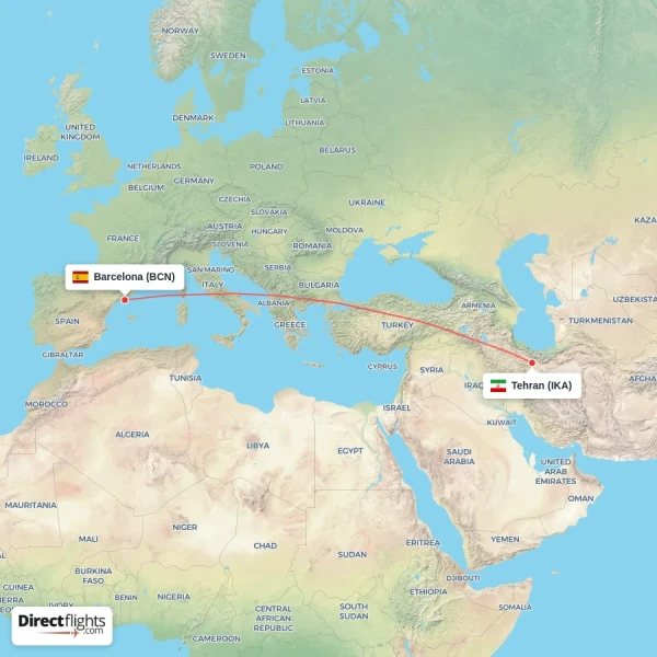 Barcelona - Tehran direct flight map