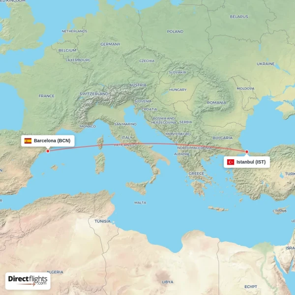 Barcelona - Istanbul direct flight map