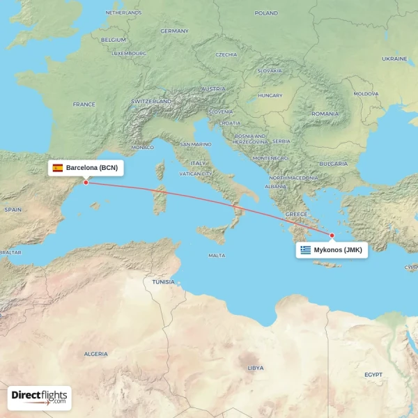 Barcelona - Mykonos direct flight map