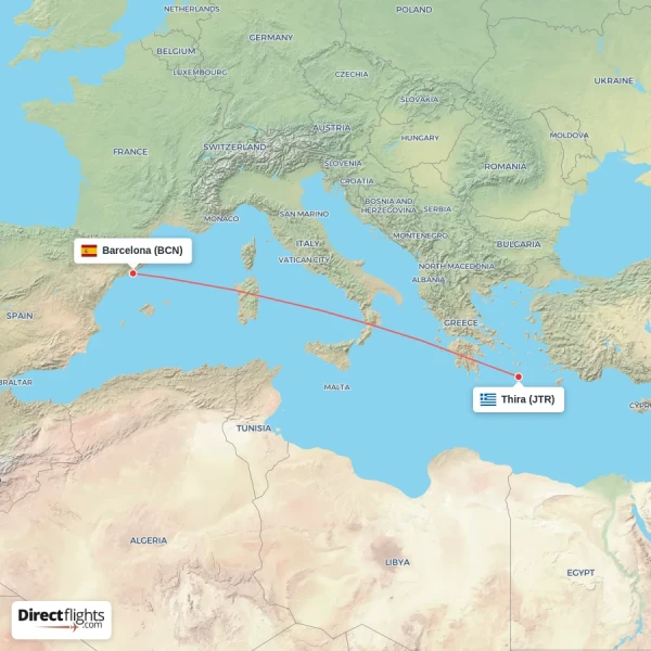 Barcelona - Thira direct flight map