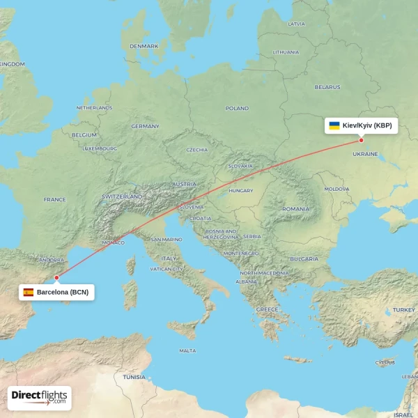 Barcelona - Kiev/Kyiv direct flight map