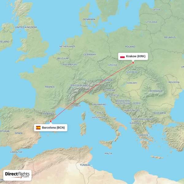 Barcelona - Krakow direct flight map
