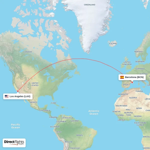 Barcelona - Los Angeles direct flight map