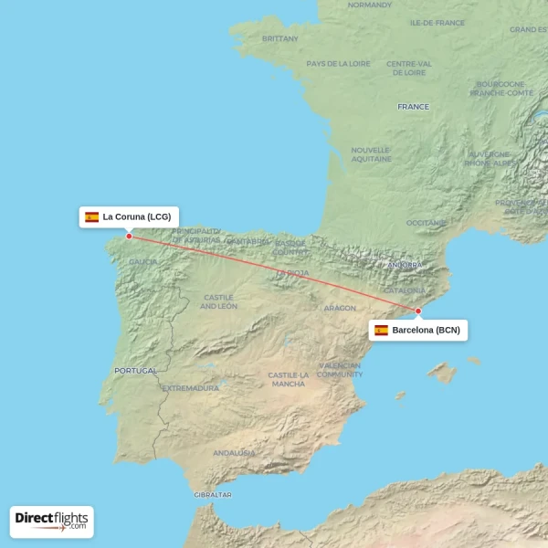 Barcelona - La Coruna direct flight map