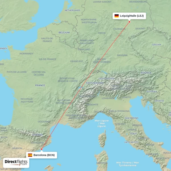 Barcelona - Leipzig/Halle direct flight map