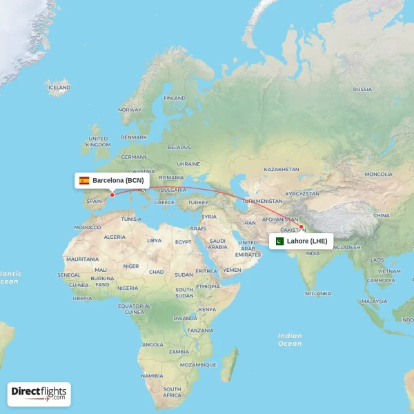 Barcelona - Lahore direct flight map