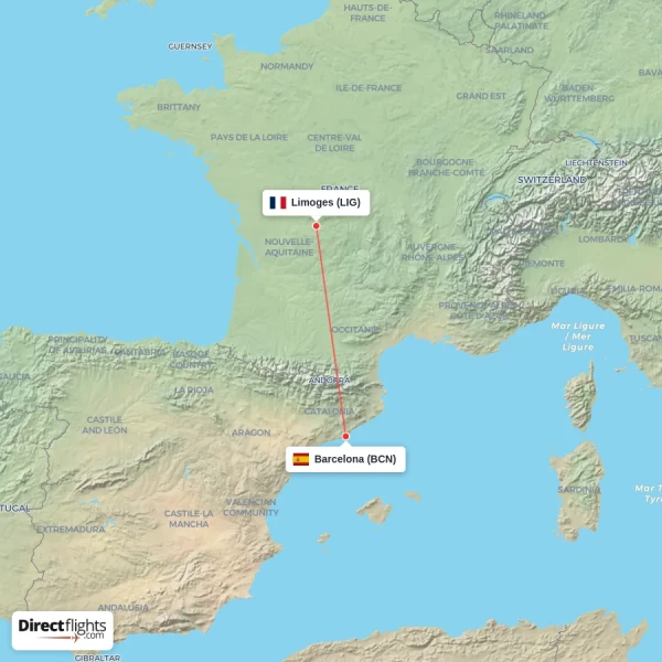 Barcelona - Limoges direct flight map