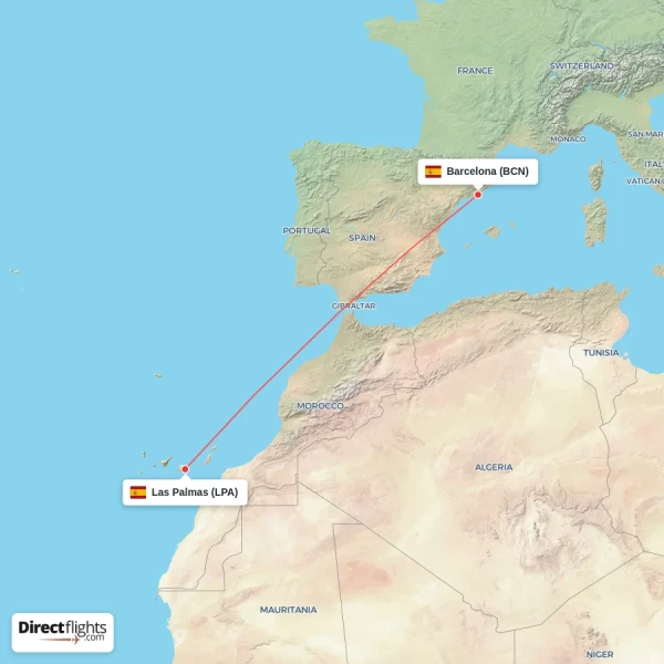 Barcelona - Las Palmas direct flight map