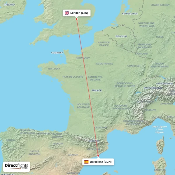Barcelona - London direct flight map
