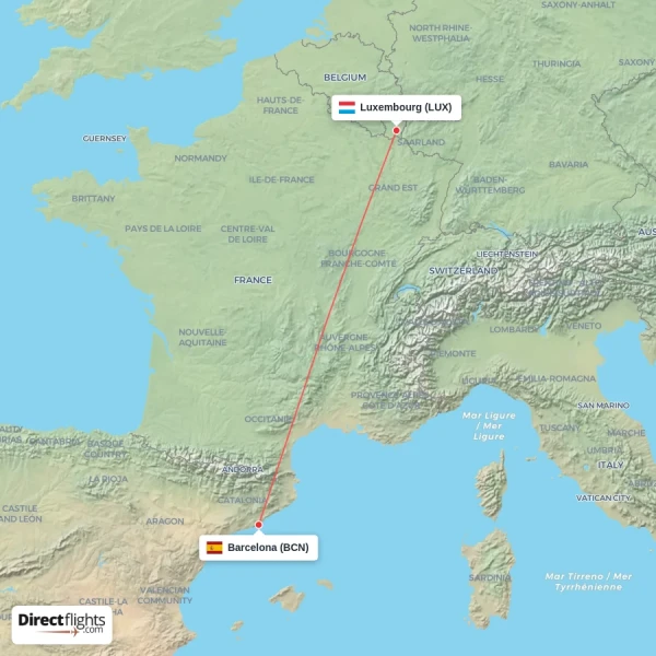 Barcelona - Luxembourg direct flight map