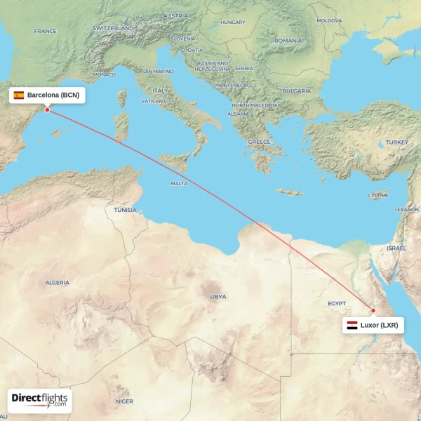 Barcelona - Luxor direct flight map