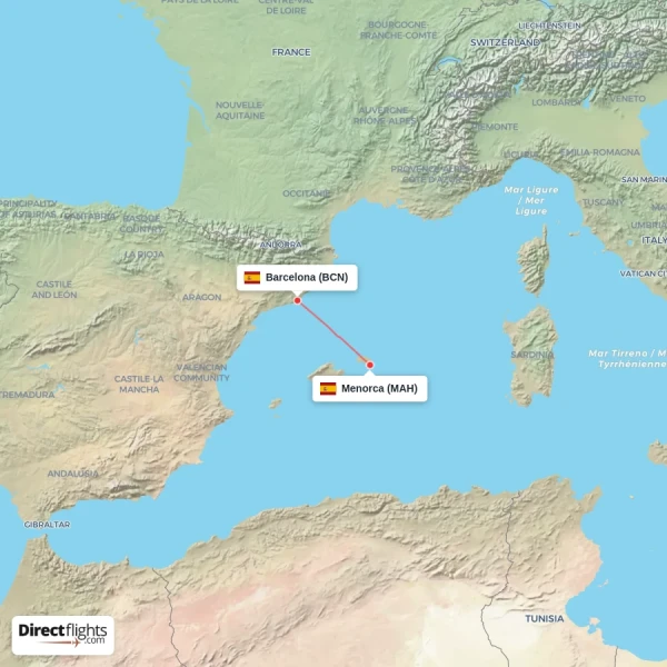 Barcelona - Menorca direct flight map